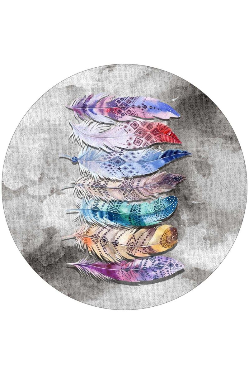 Frenda Home Yaprak Desen Pamuk Taban Yıkanabilir Baskılı Yuvarlak Halı Gri 