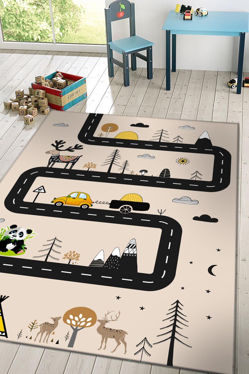 Frenda Home Yol Desenli Kaymaz Deri Taban Yıkanabilir Çocuk Oyun Halısı Krem - Frenda