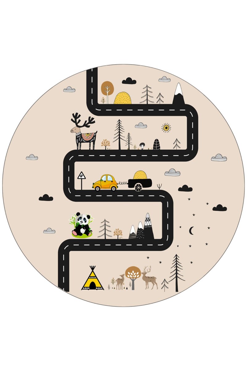 Frenda Home Yol Desenli Kaymaz Deri Taban Yıkanabilir Yuvarlak Çocuk Oyun Halısı Krem - Frenda