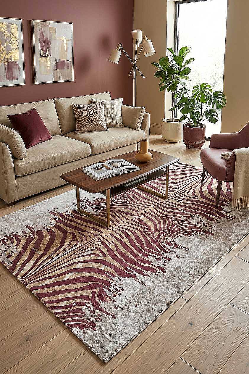 Frenda Home Zebra Desen Pamuk Taban Baskılı Halı Kahve - 1