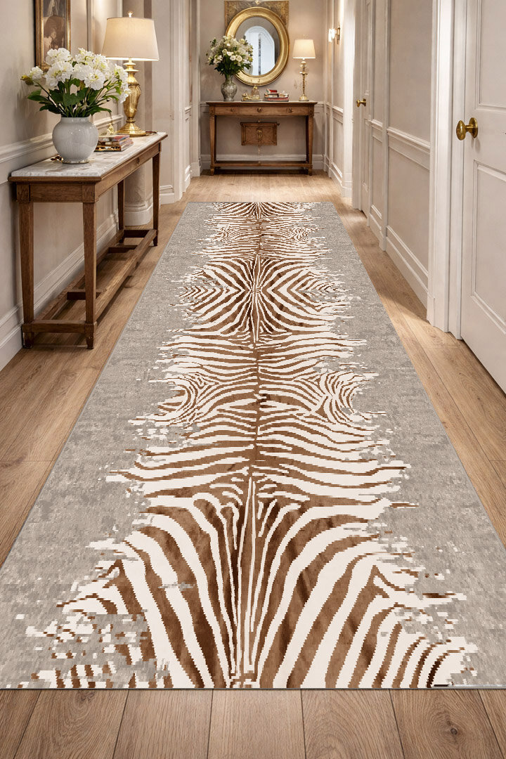 Frenda Home Zebra Desen Pamuk Taban Baskılı Kesme Yolluk Halı Bej 
