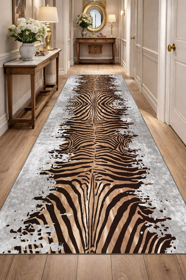 Frenda Home Zebra Desen Pamuk Taban Baskılı Kesme Yolluk Halı Gri 