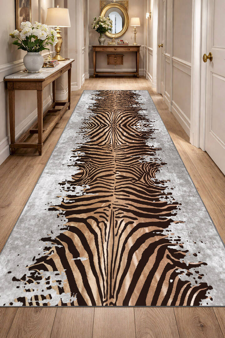 Frenda Home Zebra Desen Pamuk Taban Baskılı Kesme Yolluk Halı Gri - 1