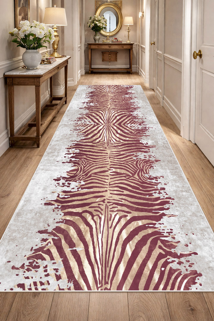 Frenda Home Zebra Desen Pamuk Taban Baskılı Kesme Yolluk Halı Kahve - Frenda