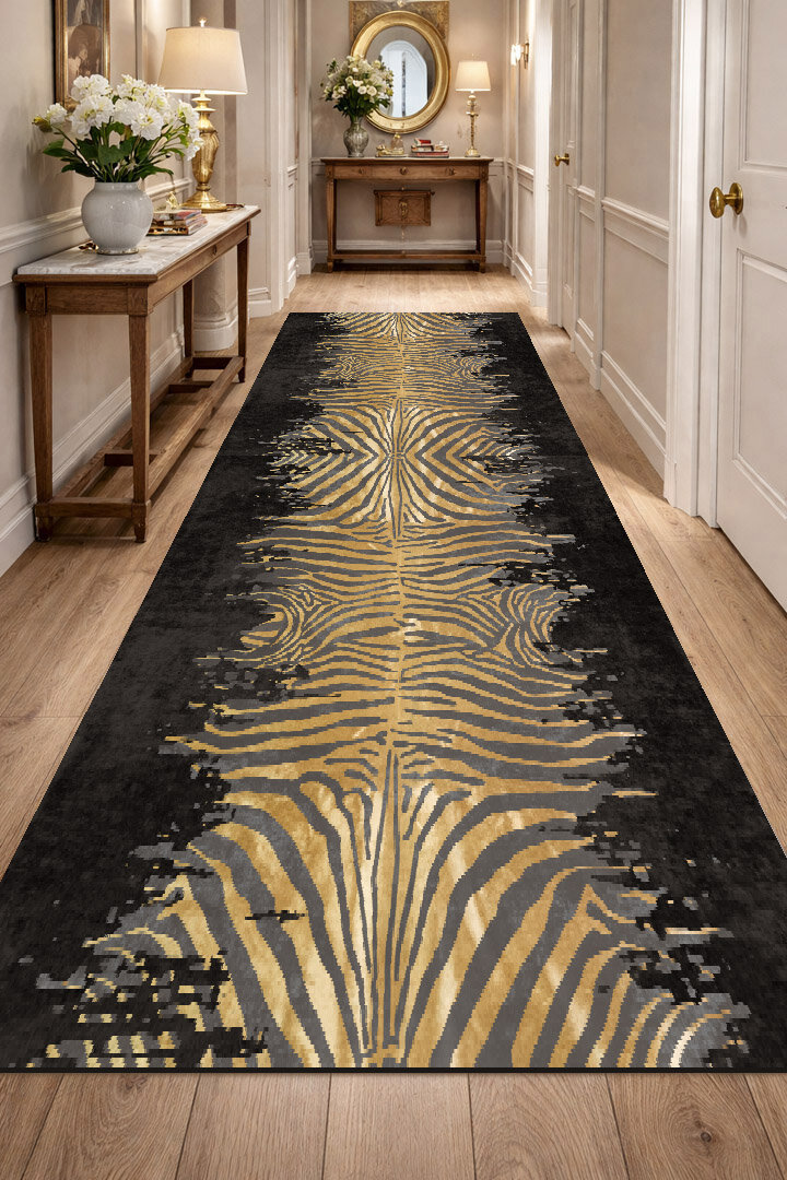 Frenda Home Zebra Desen Pamuk Taban Baskılı Kesme Yolluk Halı Siyah - 2