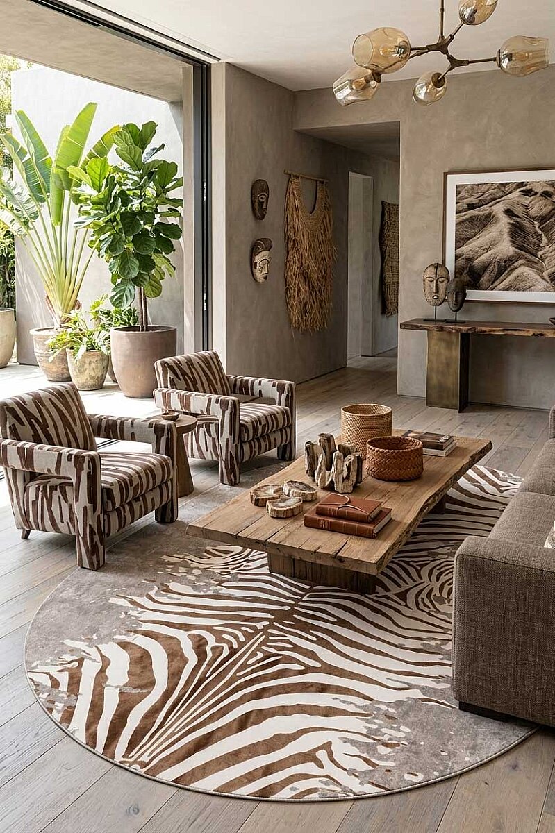 Frenda Home Zebra Desen Pamuk Taban Baskılı Oval Halı Bej 