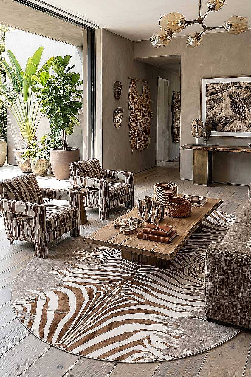 Frenda Home Zebra Desen Pamuk Taban Baskılı Oval Halı Bej - 1