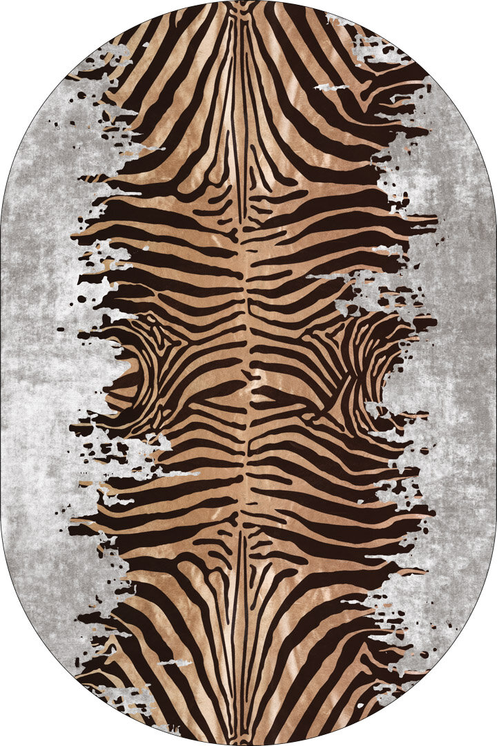 Frenda Home Zebra Desen Pamuk Taban Baskılı Oval Halı Gri 