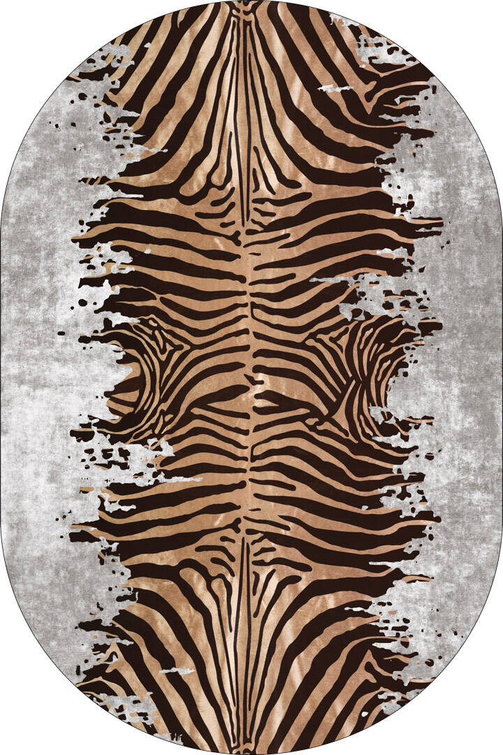 Frenda Home Zebra Desen Pamuk Taban Baskılı Oval Halı Gri - 1