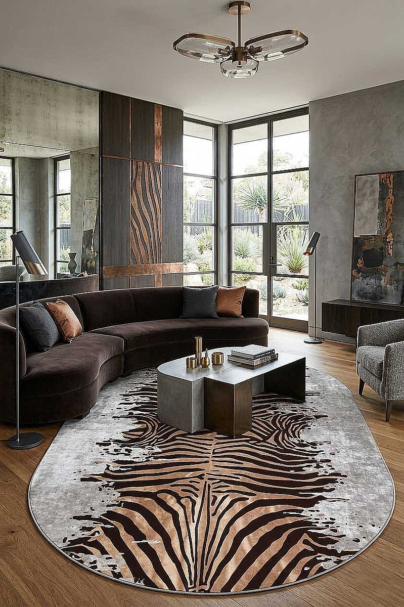 Frenda Home Zebra Desen Pamuk Taban Baskılı Oval Halı Gri 