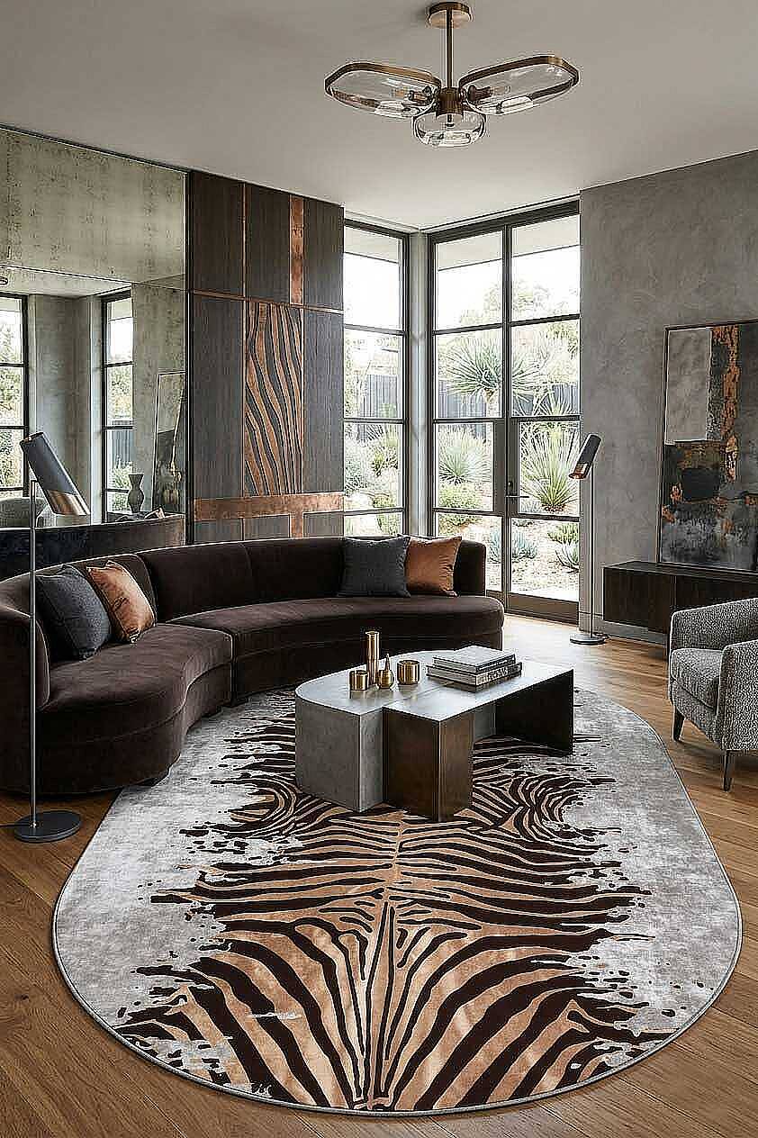 Frenda Home Zebra Desen Pamuk Taban Baskılı Oval Halı Gri - 1