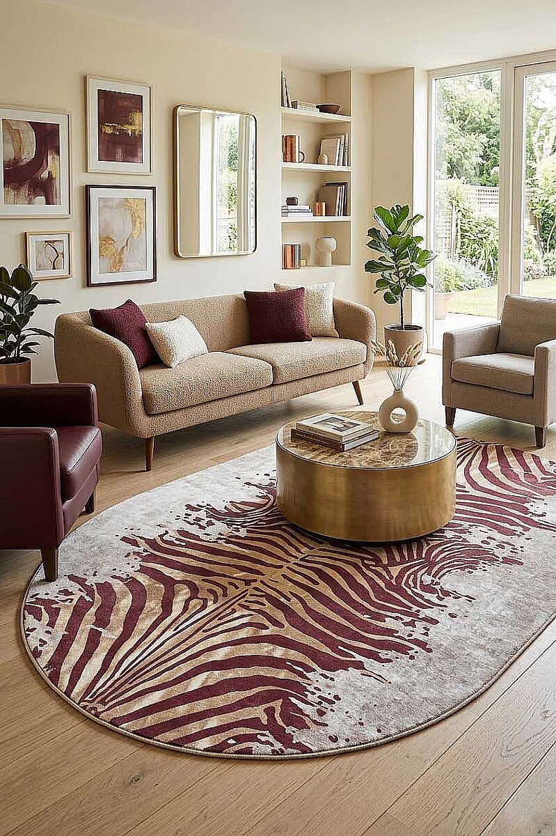 Frenda Home Zebra Desen Pamuk Taban Baskılı Oval Halı Kahve 