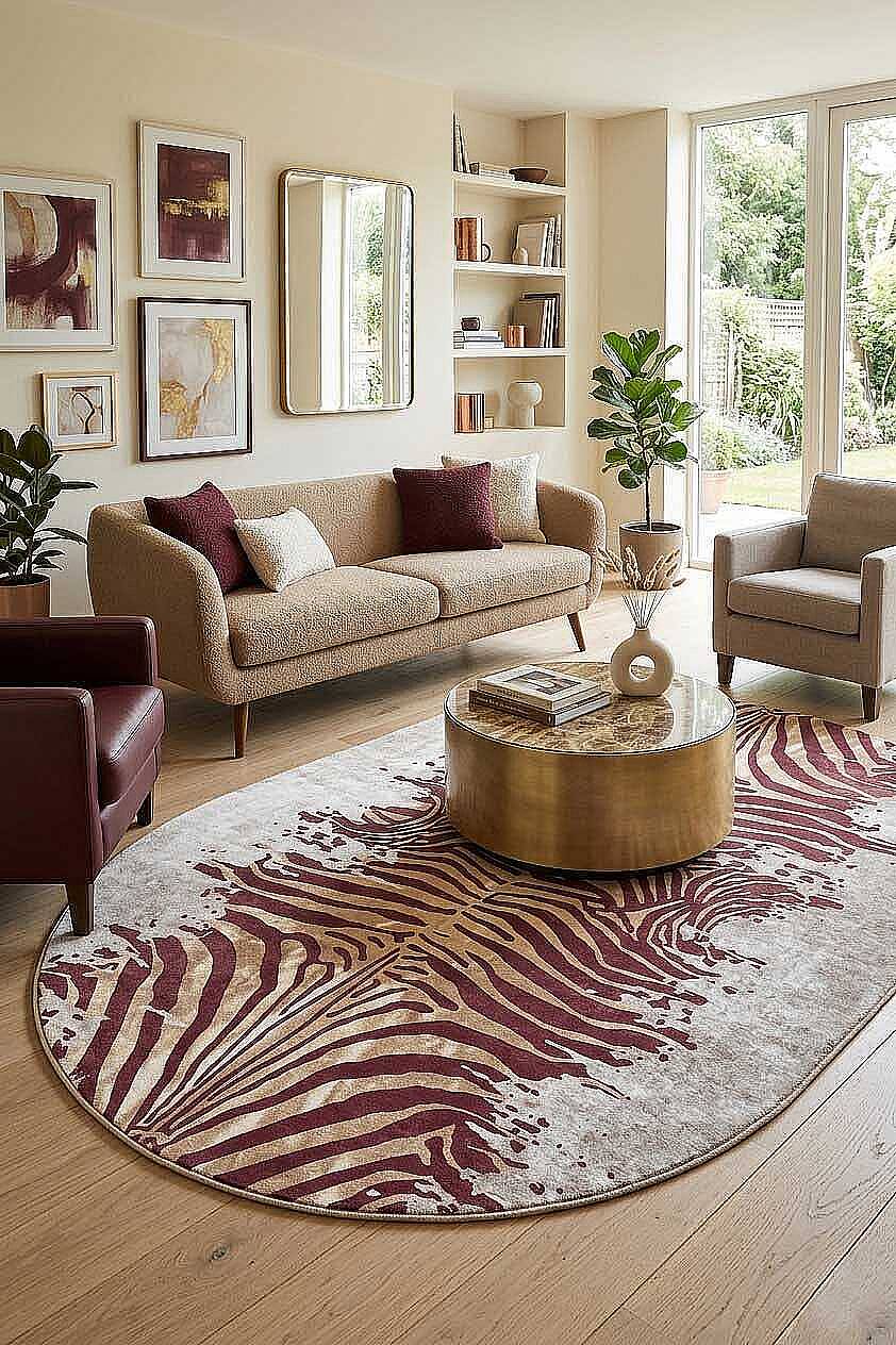 Frenda Home Zebra Desen Pamuk Taban Baskılı Oval Halı Kahve - 1