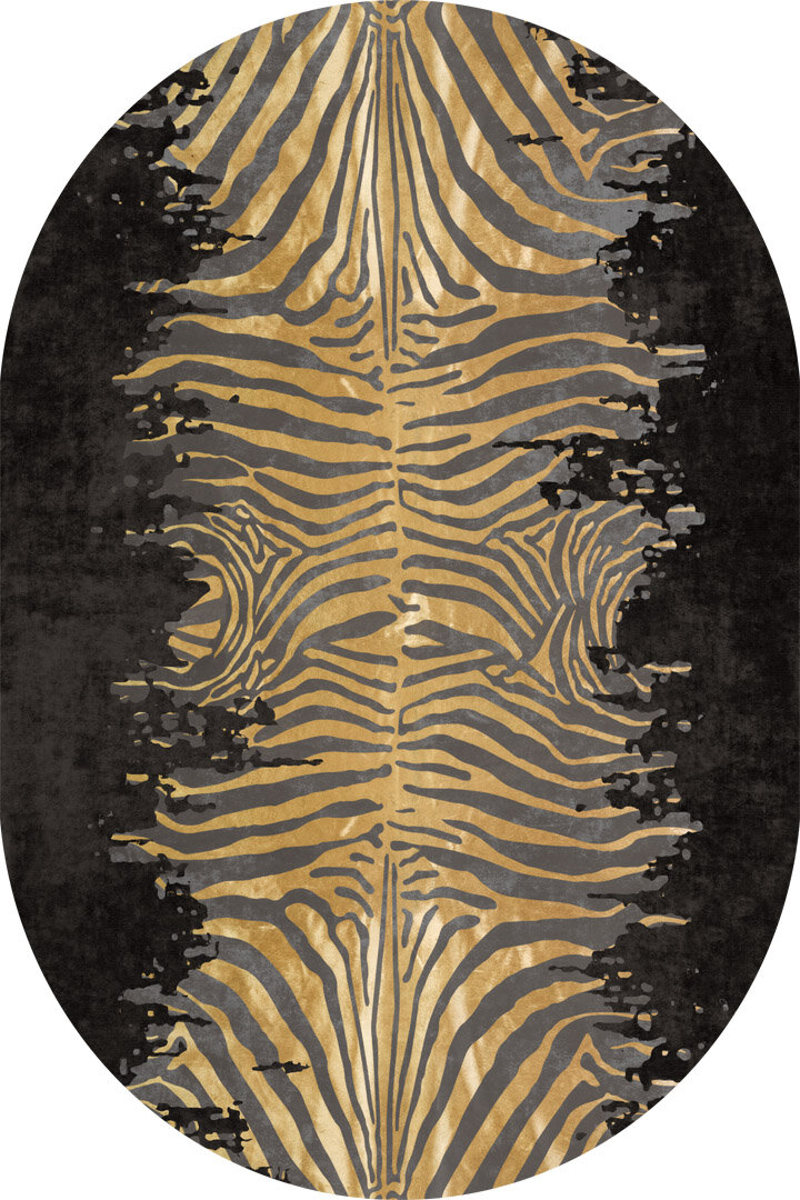 Frenda Home Zebra Desen Pamuk Taban Baskılı Oval Halı Siyah 