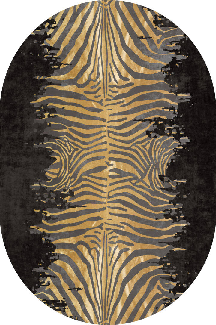Frenda Home Zebra Desen Pamuk Taban Baskılı Oval Halı Siyah - 1