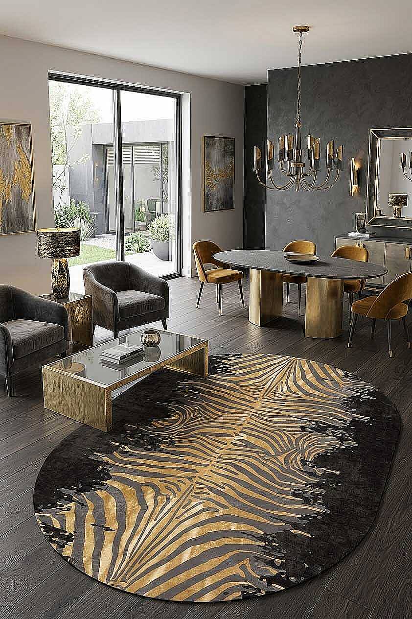 Frenda Home Zebra Desen Pamuk Taban Baskılı Oval Halı Siyah - 1