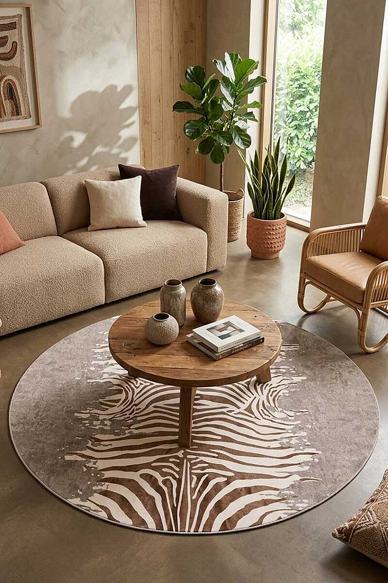 Frenda Home Zebra Desen Pamuk Taban Baskılı Yuvarlak Halı Bej 