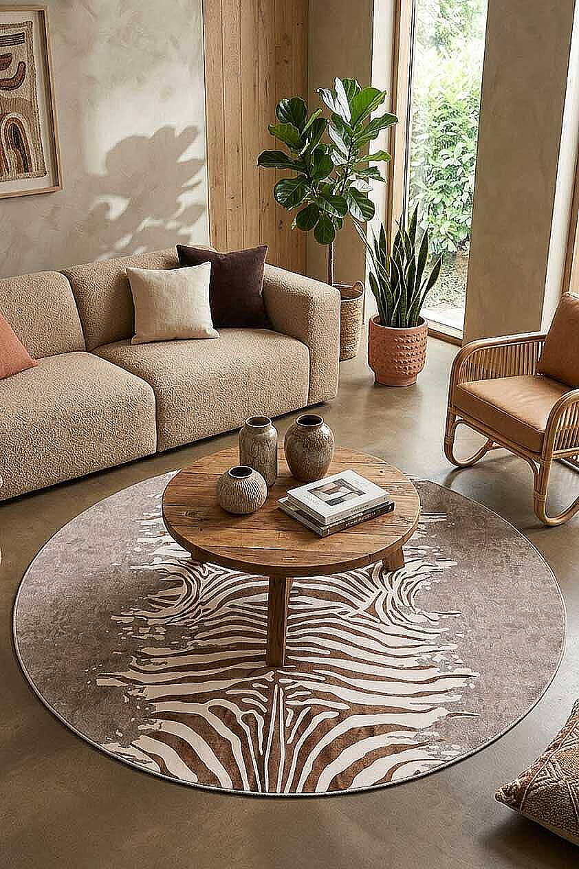 Frenda Home Zebra Desen Pamuk Taban Baskılı Yuvarlak Halı Bej - 1