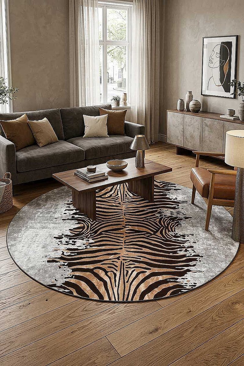 Frenda Home Zebra Desen Pamuk Taban Baskılı Yuvarlak Halı Gri 