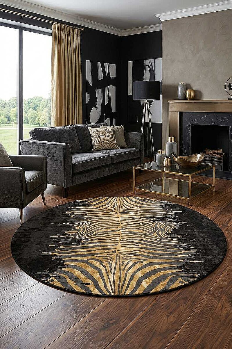 Frenda Home Zebra Desen Pamuk Taban Baskılı Yuvarlak Halı Siyah 