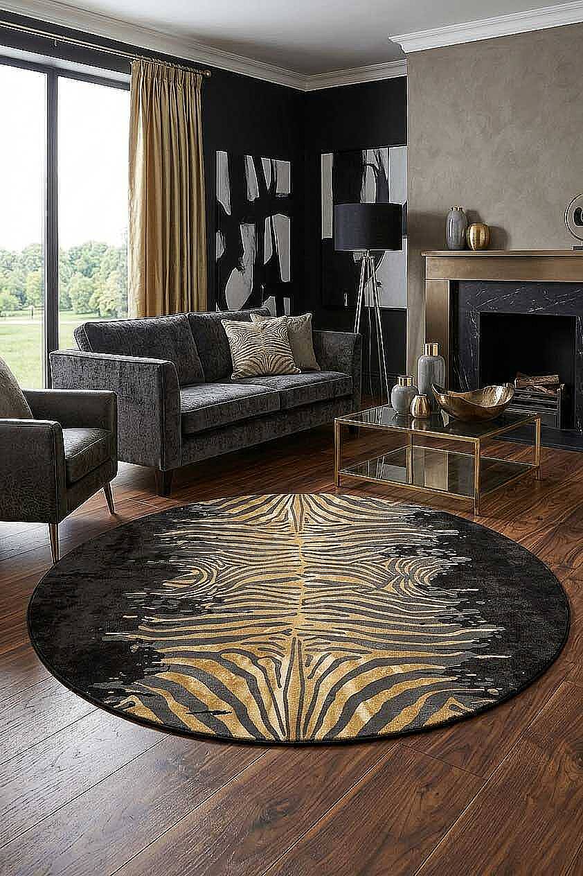 Frenda Home Zebra Desen Pamuk Taban Baskılı Yuvarlak Halı Siyah - 1