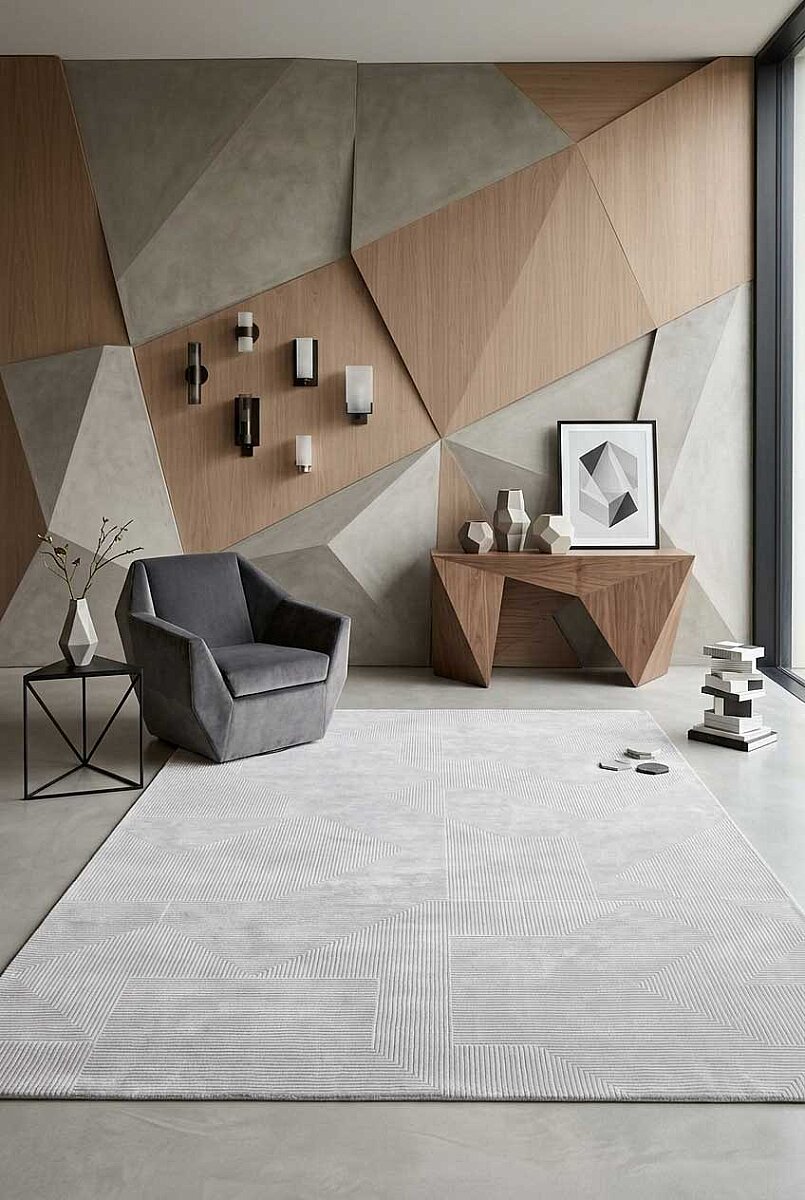 Geometrik Abstract Desenli Prato İpeksi Lüks Viskon Halı Pr04 Gri - Frenda