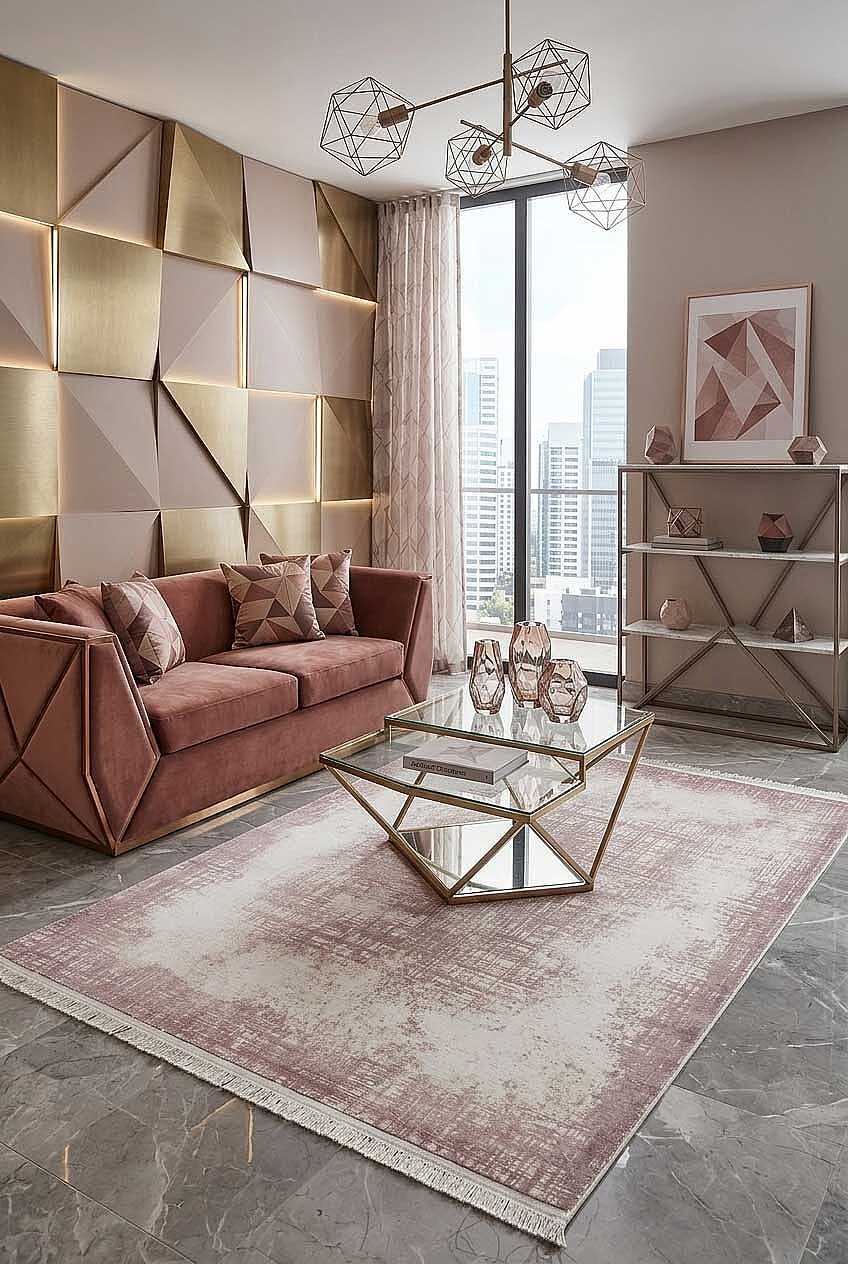 Geometrik Abstract Desenli Prato İpeksi Lüks Viskon Halı Pr05 Krem