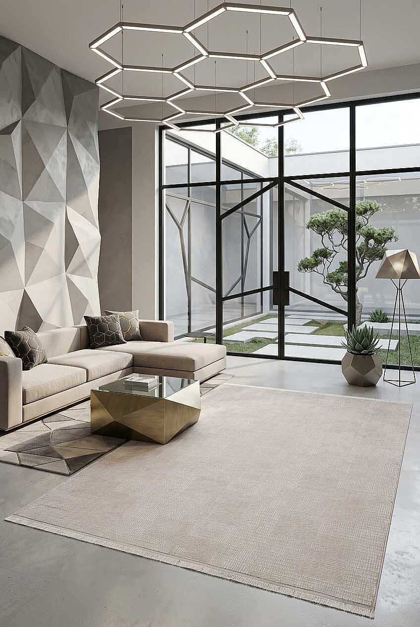 Geometrik Abstract Desenli Prato İpeksi Lüks Viskon Halı Pr09 Gri