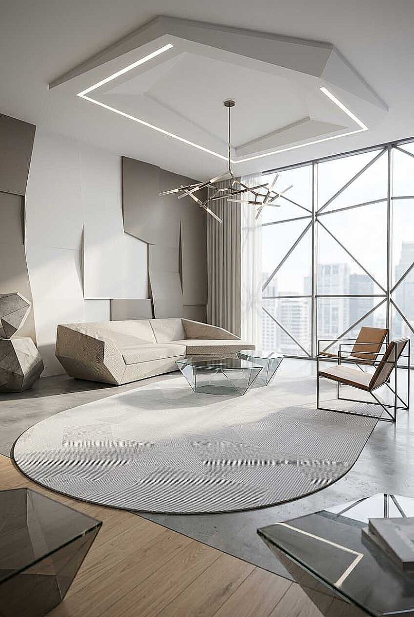 Geometrik Abstract Desenli Prato İpeksi Lüks Viskon Oval Halı Pr03 Gri 