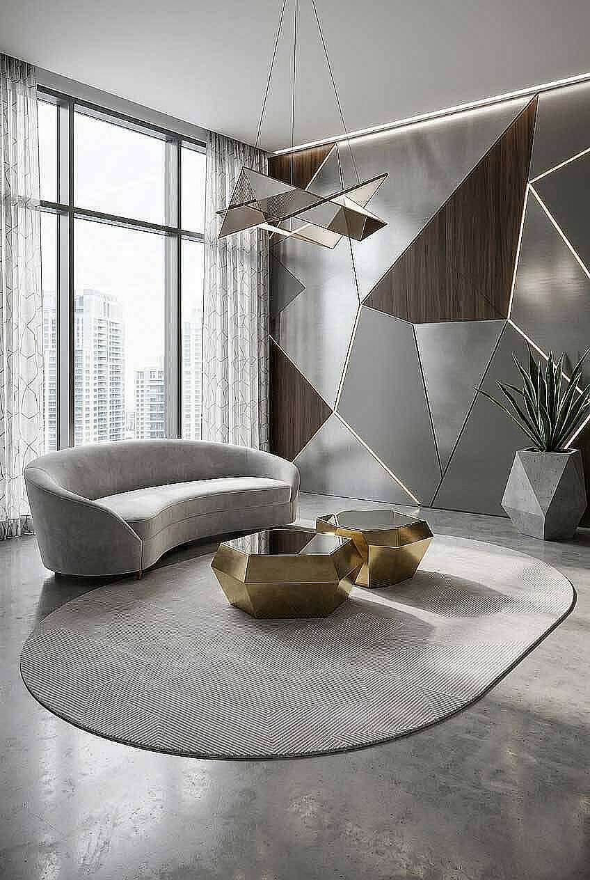 Geometrik Abstract Desenli Prato İpeksi Lüks Viskon Oval Halı Pr04 Gri - 1