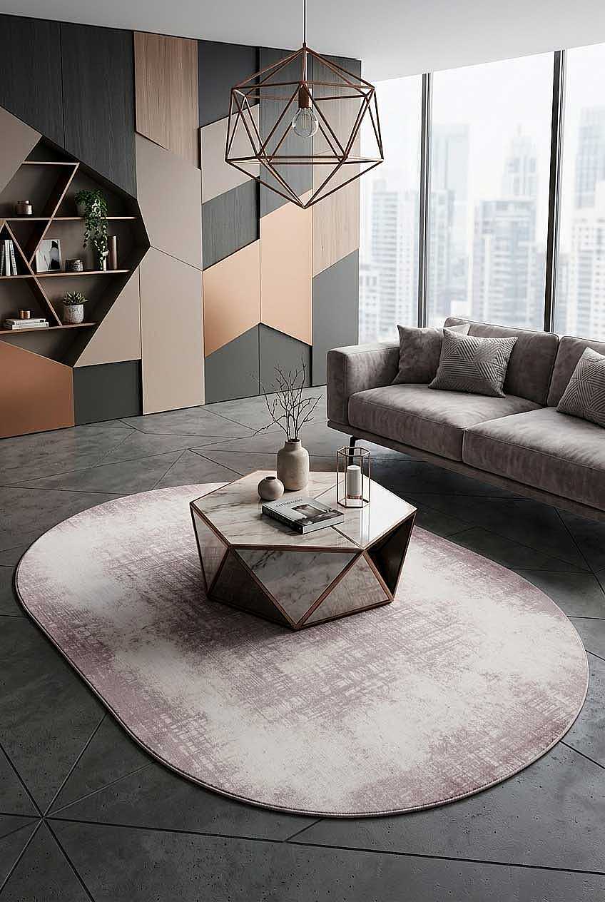 Geometrik Abstract Desenli Prato İpeksi Lüks Viskon Oval Halı Pr05 Krem