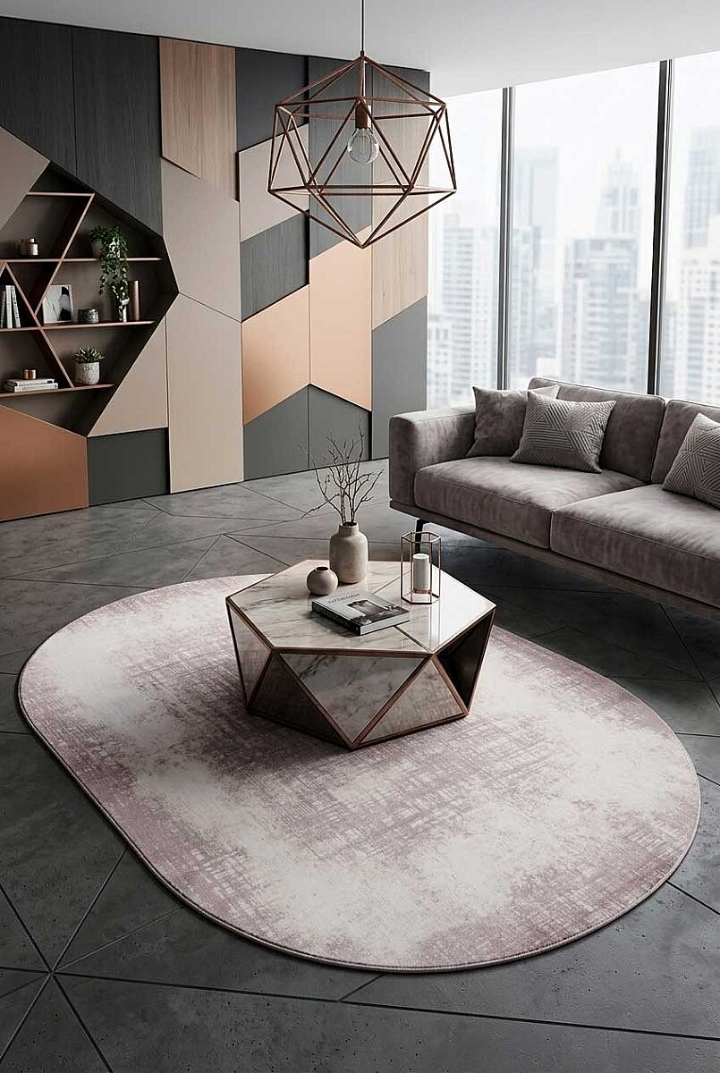 Geometrik Abstract Desenli Prato İpeksi Lüks Viskon Oval Halı Pr05 Krem - Frenda