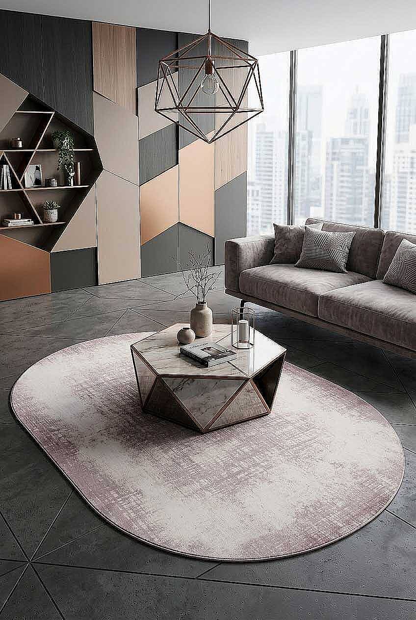 Geometrik Abstract Desenli Prato İpeksi Lüks Viskon Oval Halı Pr05 Krem - 1