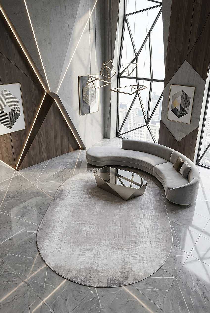 Geometrik Abstract Desenli Prato İpeksi Lüks Viskon Oval Halı Pr06 Gri