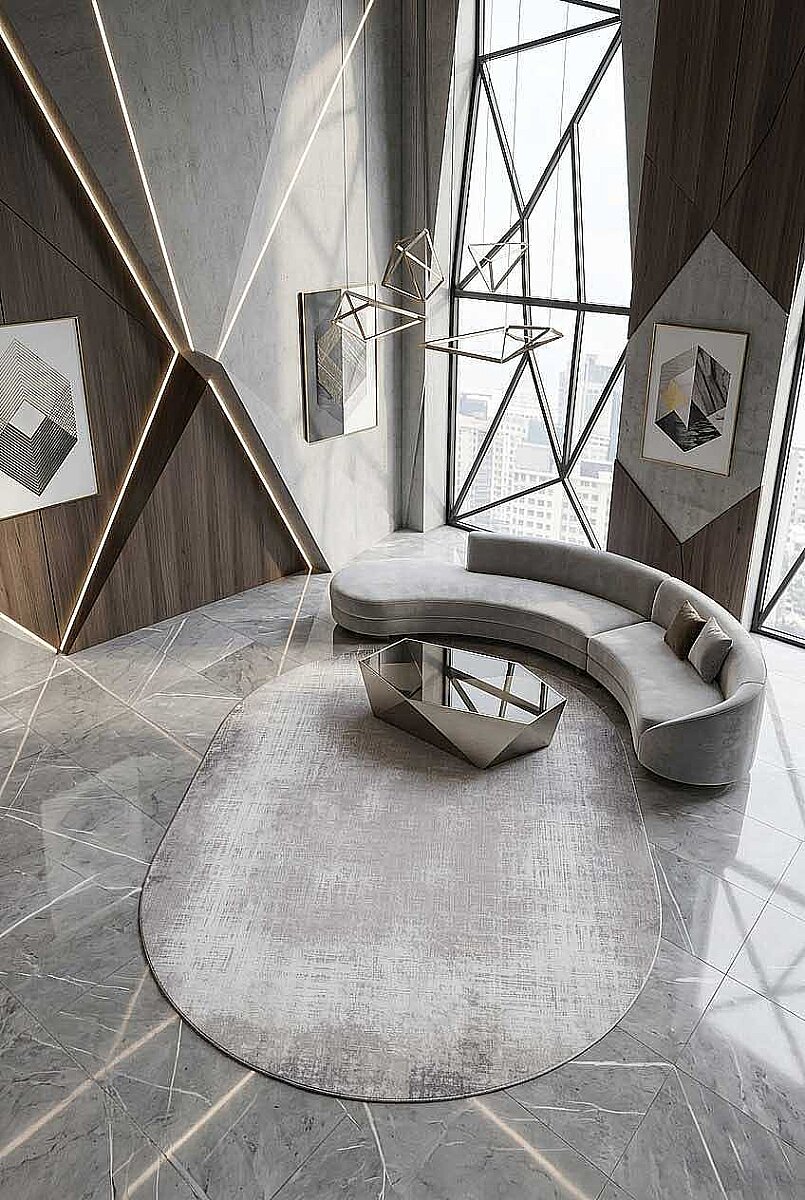 Geometrik Abstract Desenli Prato İpeksi Lüks Viskon Oval Halı Pr06 Gri 