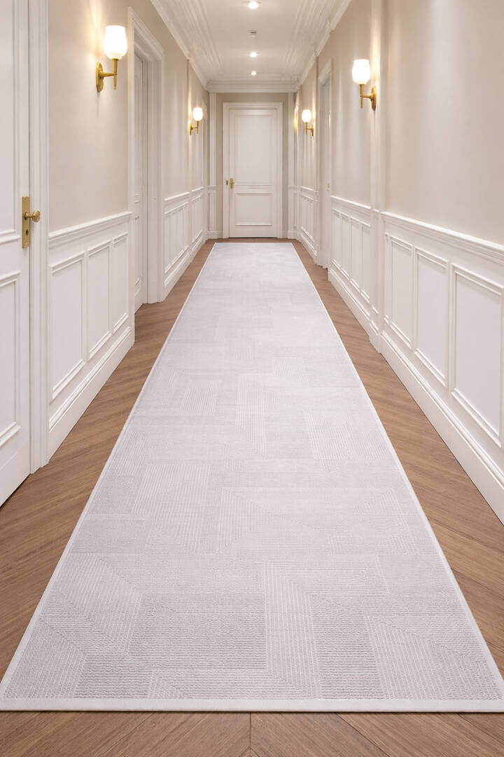 Geometrik Abstract Desenli Prato İpeksi Lüks Viskon Yolluk Özel Ölçü Kesme Halı Pr03 Gri - 1