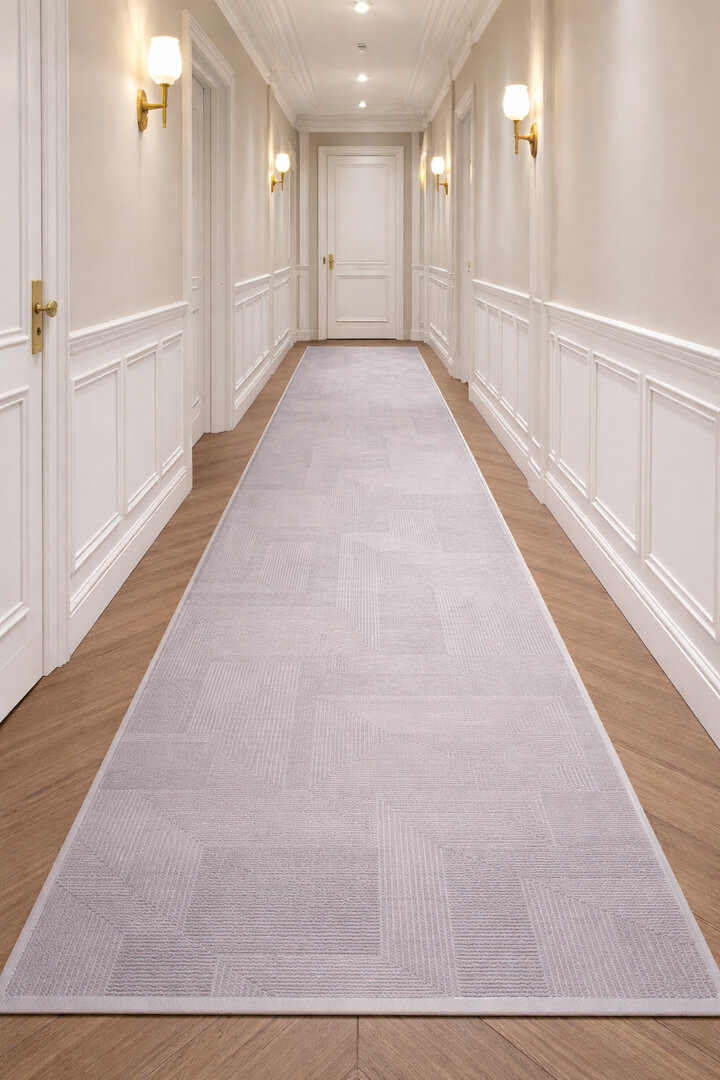 Geometrik Abstract Desenli Prato İpeksi Lüks Viskon Yolluk Özel Ölçü Kesme Halı Pr04 Gri 