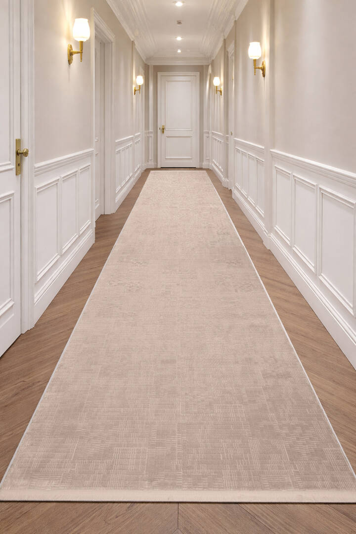 Geometrik Abstract Desenli Prato İpeksi Lüks Viskon Yolluk Özel Ölçü Kesme Halı Pr07 Bej - 1