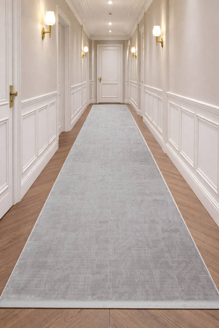 Geometrik Abstract Desenli Prato İpeksi Lüks Viskon Yolluk Özel Ölçü Kesme Halı Pr09 Gri - 1