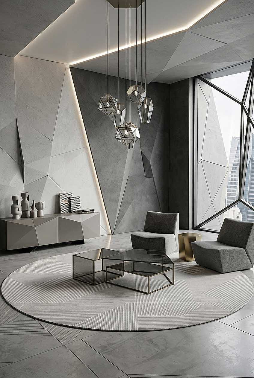 Geometrik Abstract Desenli Prato İpeksi Lüks Viskon Yuvarlak Halı Pr04 Gri