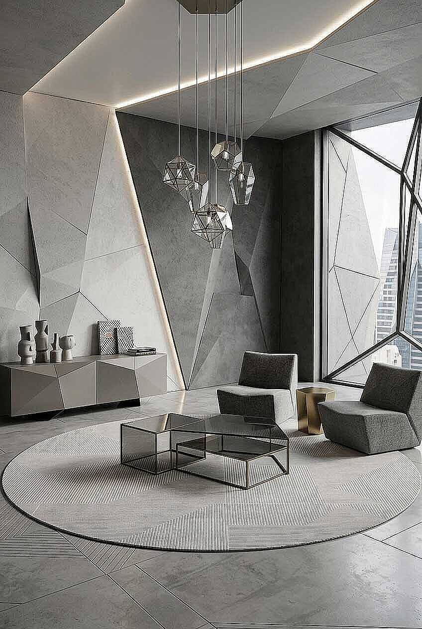 Geometrik Abstract Desenli Prato İpeksi Lüks Viskon Yuvarlak Halı Pr04 Gri - 1