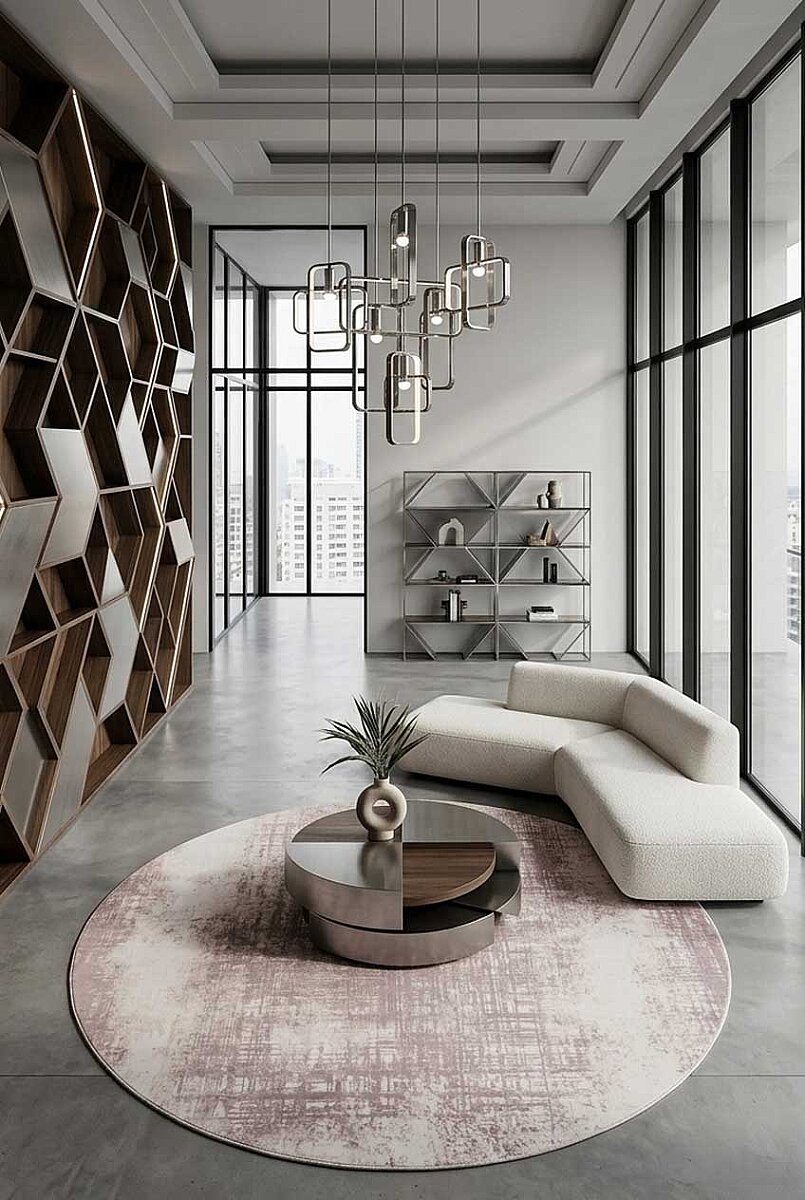 Geometrik Abstract Desenli Prato İpeksi Lüks Viskon Yuvarlak Halı Pr05 Krem - Frenda