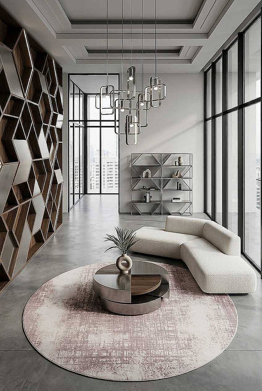 Geometrik Abstract Desenli Prato İpeksi Lüks Viskon Yuvarlak Halı Pr05 Krem - 1