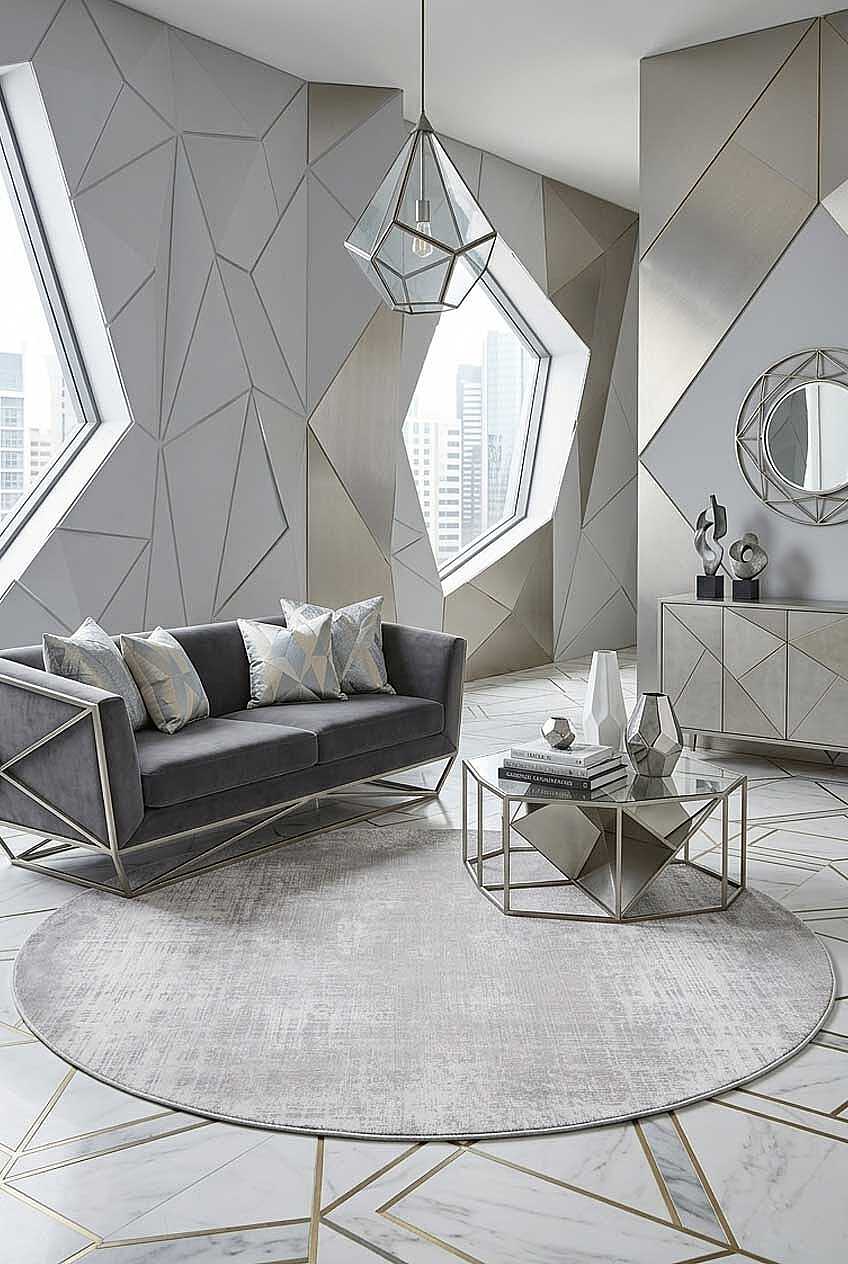 Geometrik Abstract Desenli Prato İpeksi Lüks Viskon Yuvarlak Halı Pr06 Gri