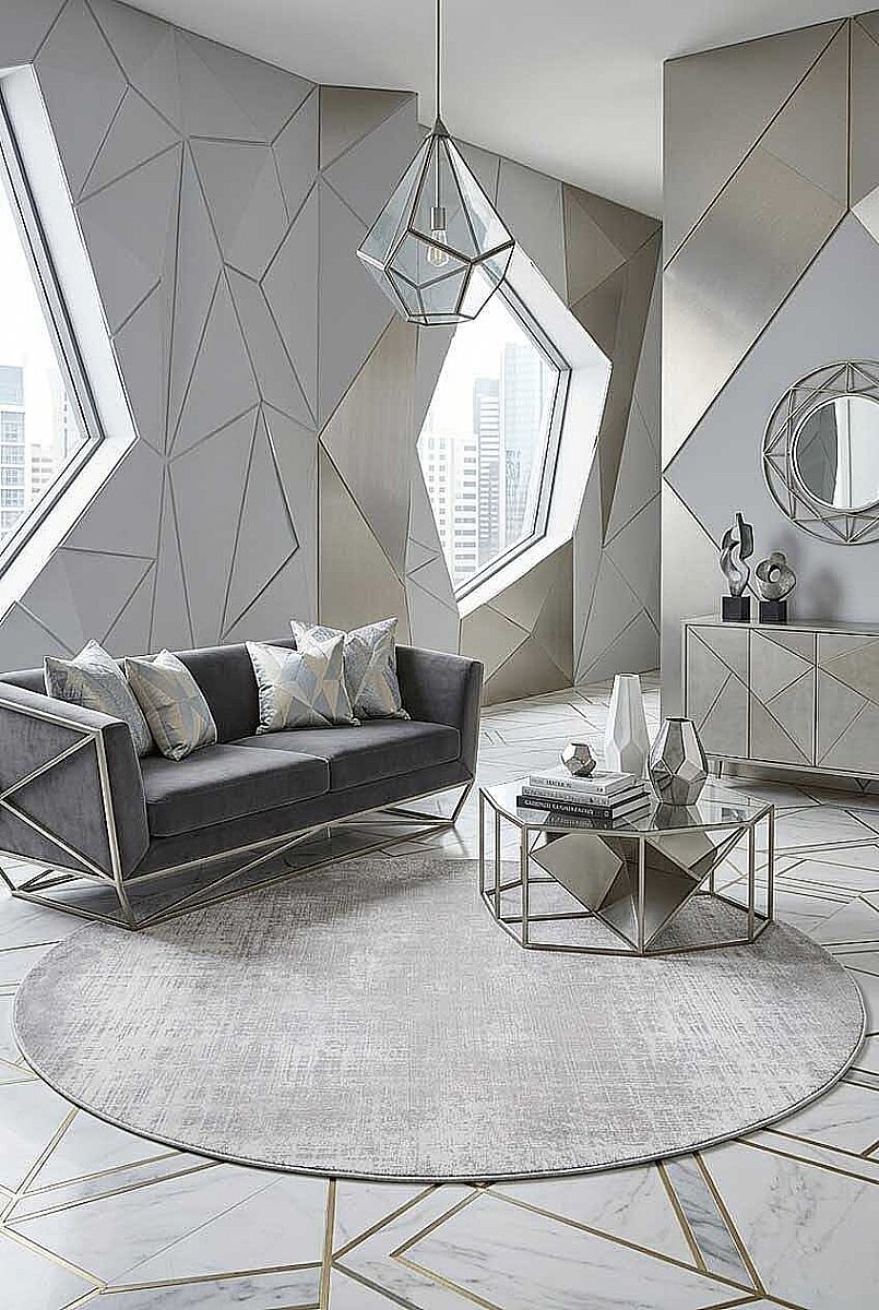 Geometrik Abstract Desenli Prato İpeksi Lüks Viskon Yuvarlak Halı Pr06 Gri 