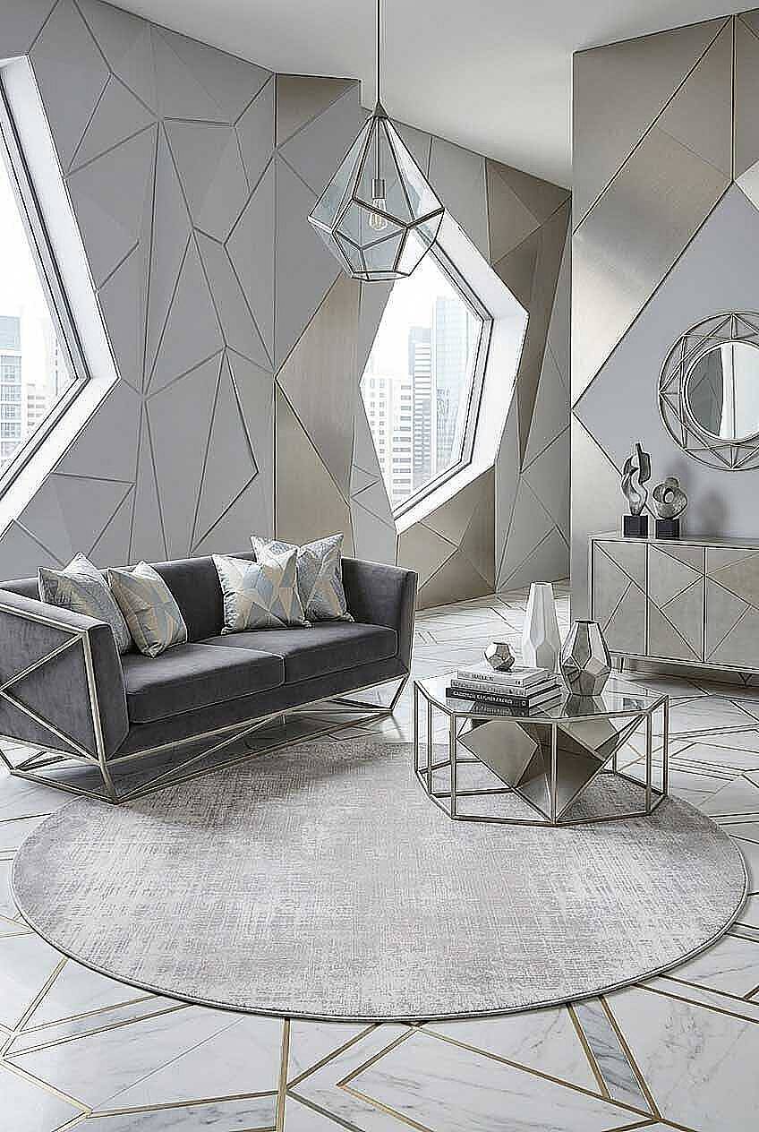 Geometrik Abstract Desenli Prato İpeksi Lüks Viskon Yuvarlak Halı Pr06 Gri - 1