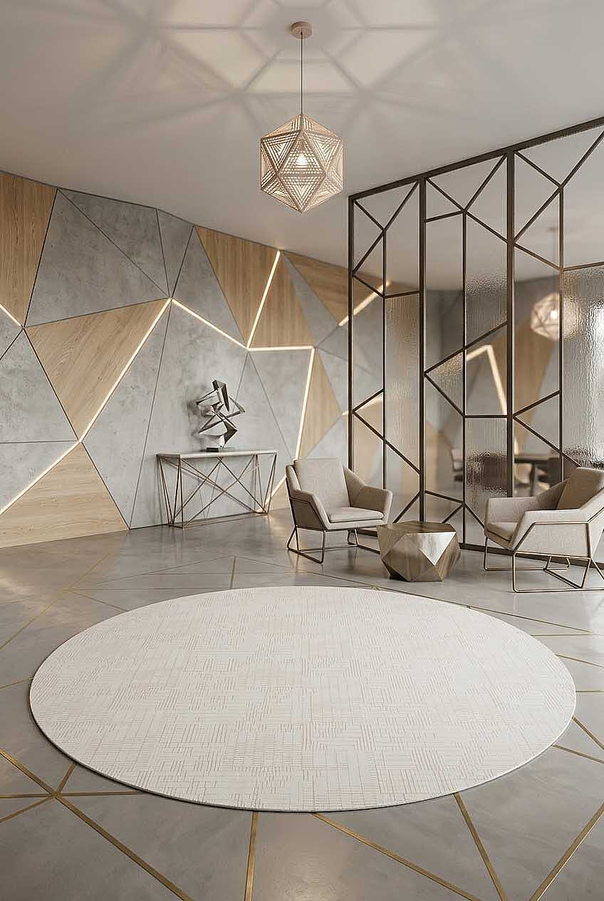 Geometrik Abstract Desenli Prato İpeksi Lüks Viskon Yuvarlak Halı Pr08 Gri