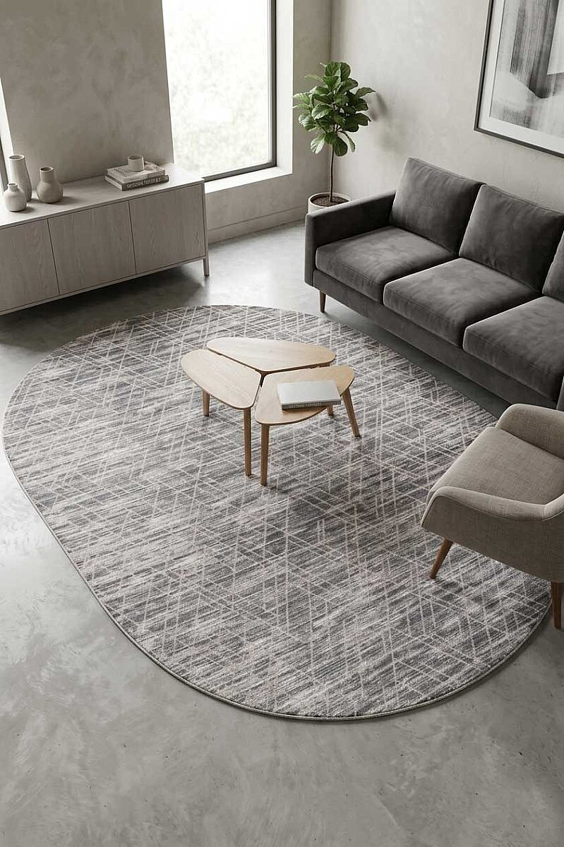 Geometrik Desenli Nar Yumuşak Dokulu Akrilik Oval Halı Nr02 Antrasit - Frenda