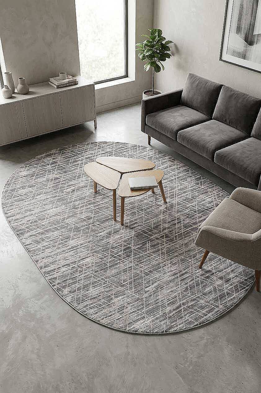 Geometrik Desenli Nar Yumuşak Dokulu Akrilik Oval Halı Nr02 Antrasit - 1