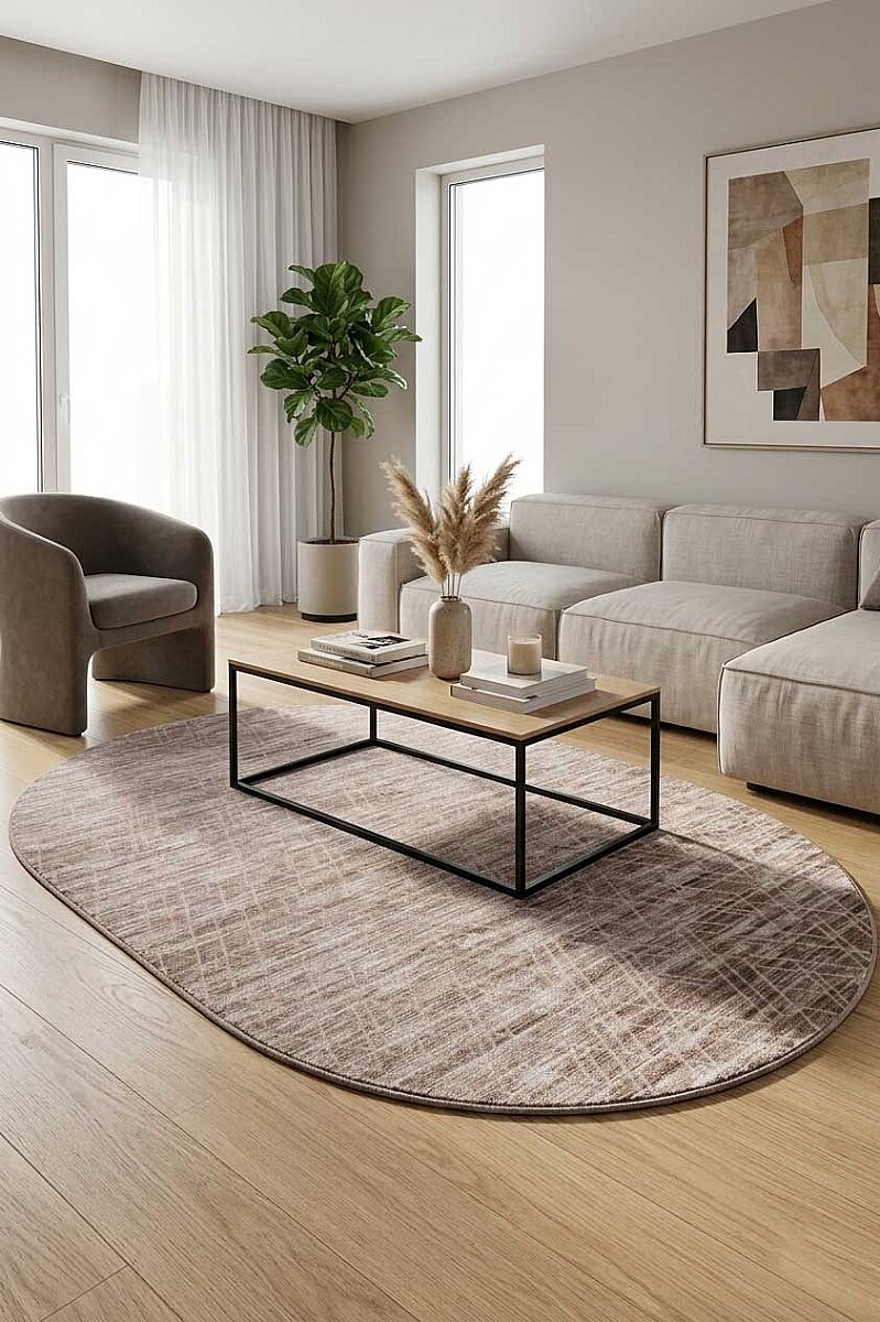 Geometrik Desenli Nar Yumuşak Dokulu Akrilik Oval Halı Nr02 Bej - Frenda